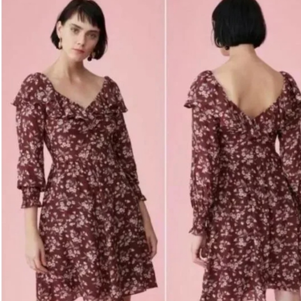 NWT Rebecca Taylor Burgundy Floral Ruffle V-Neck Long Sleeve Dress
